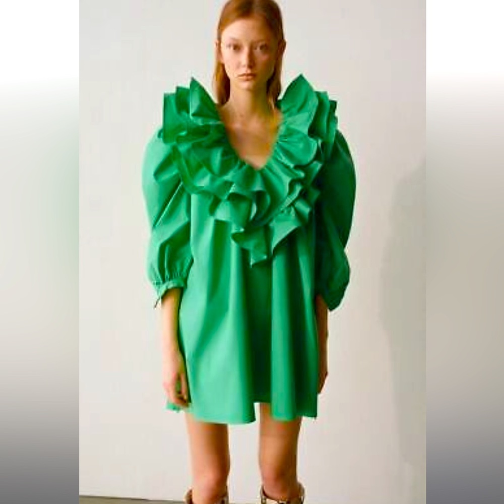 Zara Green Poplin Ruffle Neckline Dress M
